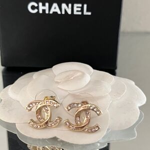 CHANEL Gold and Crystal Logo Earrings